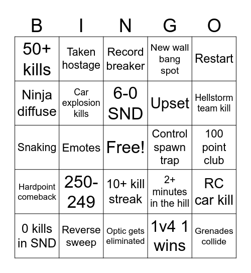 Champs In Game Bingo Card