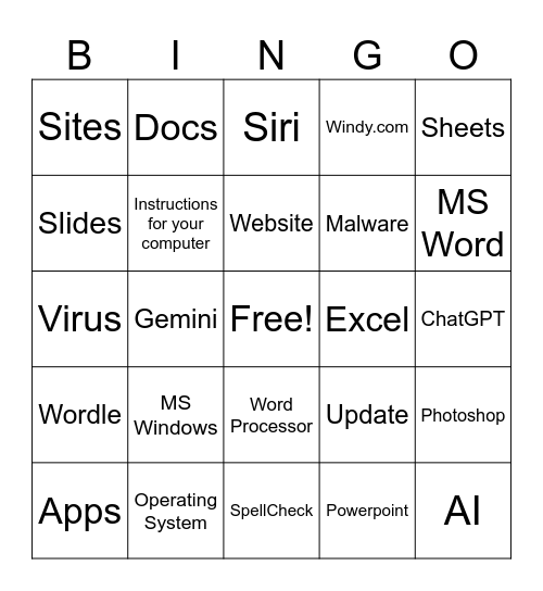Computer Software Bingo Card