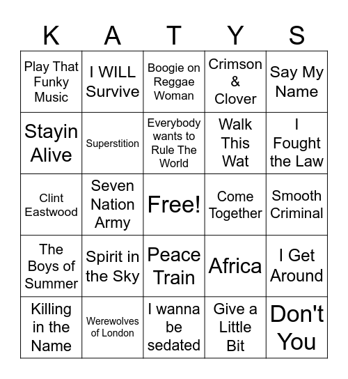 Cover Song Bingo Card