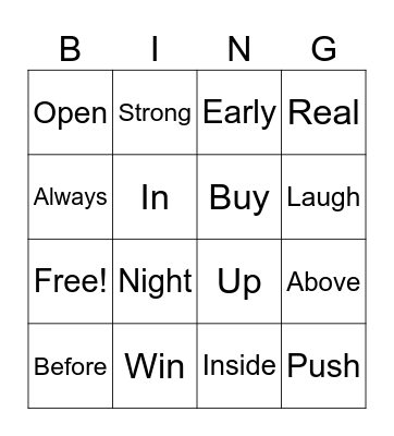 Antonym Bingo Card