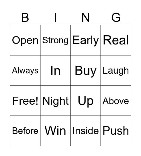 Antonym Bingo Card