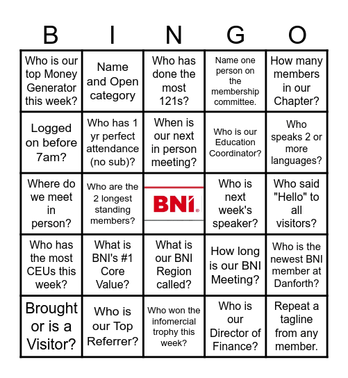 BNI Danforth 2025 Bingo Card