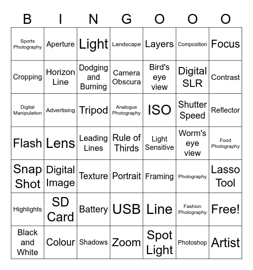 Photography Bingo Card