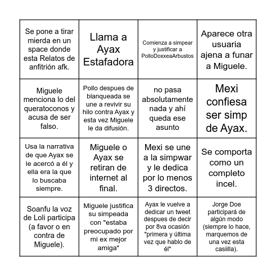 miguele1114 simp war BINGO Card
