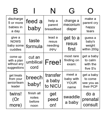 Newborn Bingo Card