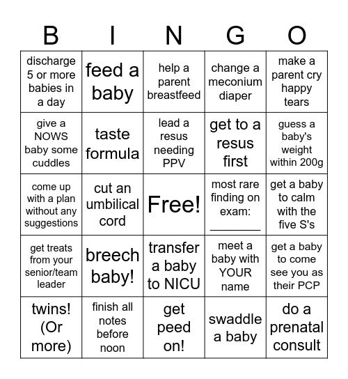 Newborn Bingo Card