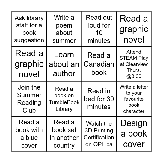 Kid's Summer Reading Bingo Card