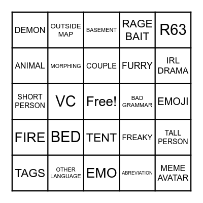 Cabin RP Bingo Card
