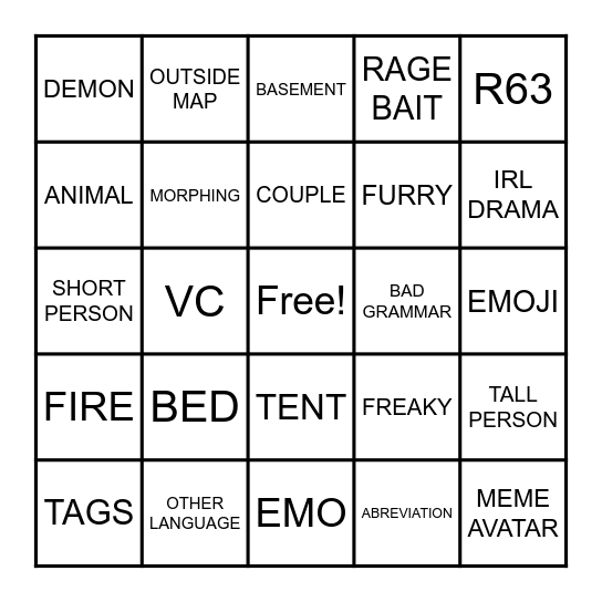 Cabin RP Bingo Card