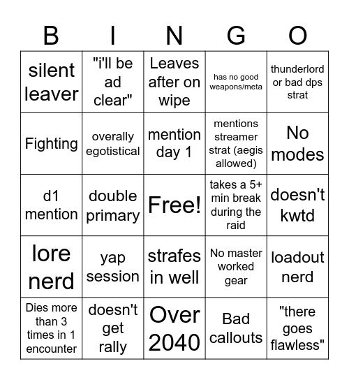 Destiny 2 Lfg Bingo Card