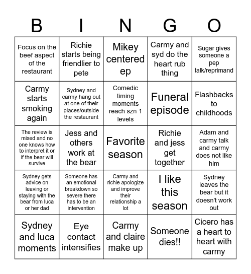 The bear szn 4 Bingo Card