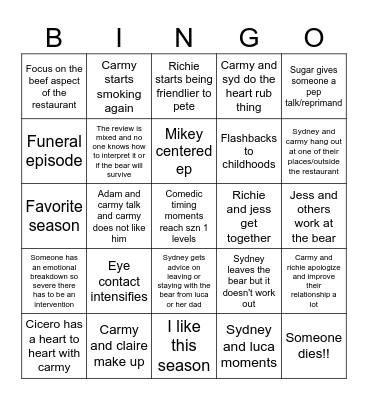 The bear szn 4 Bingo Card