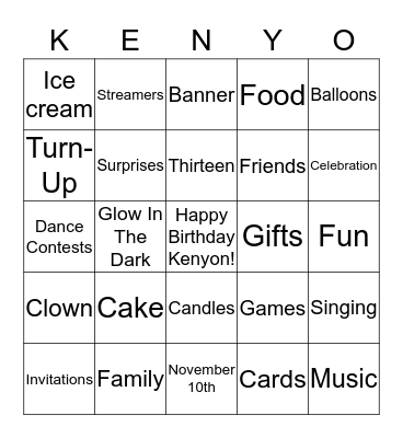 Kenyon's Birthday Bingo Card