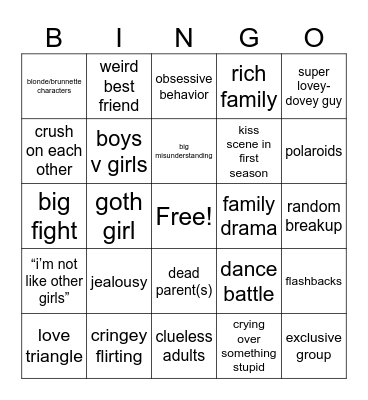 cringey tv shows/movies Bingo Card