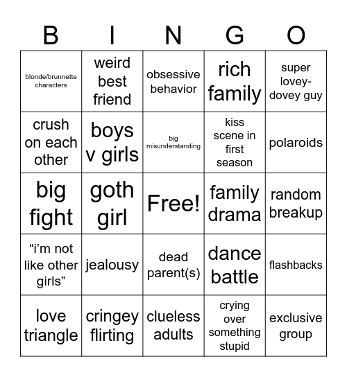 cringey tv shows/movies Bingo Card