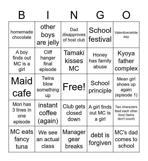 Ouran High School Host Club Bingo Card