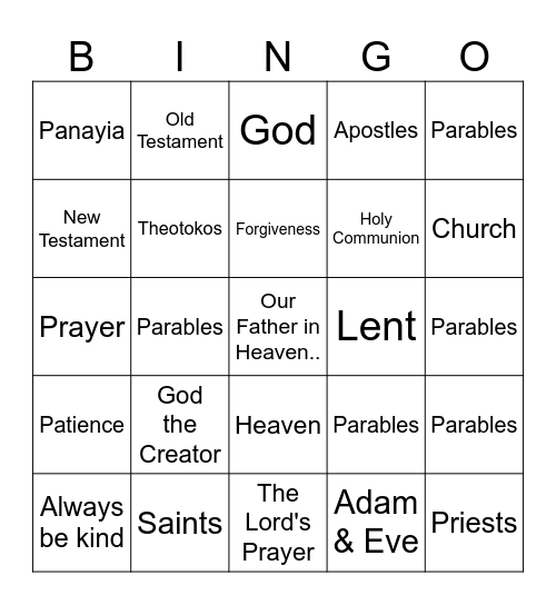 Orthodox Bingo Card