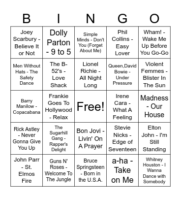 Eighties Bingo Card