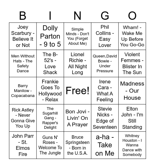 Eighties Bingo Card