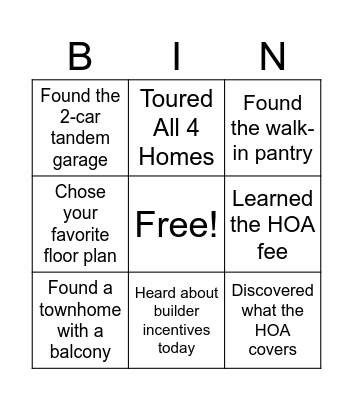 Open House Bingo Card