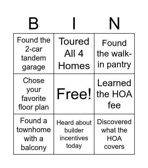 Open House Bingo Card