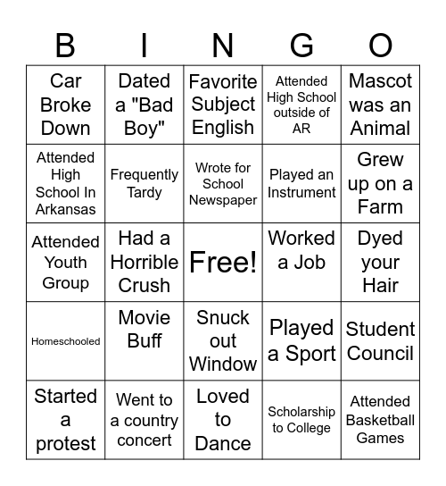 High School Throwback Bingo Card