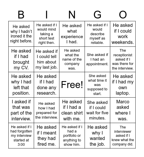 Reported Questions BINGO Card