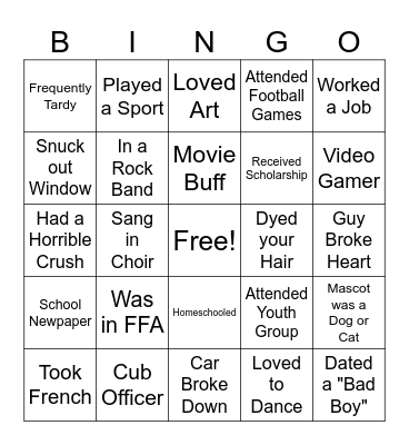 High School Throwback Bingo Card