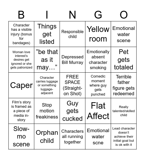 Wes Anderson Bingo Card