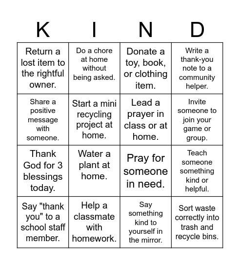 Kindness in a Card Bingo Card