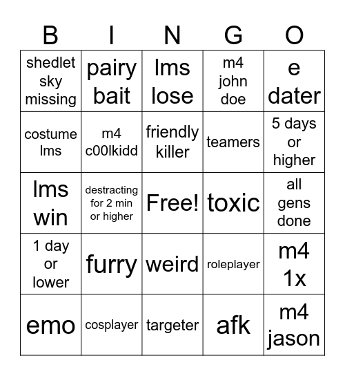 forsaken bingo Card