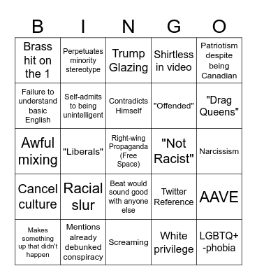 Tom Macdonald Bingo Card