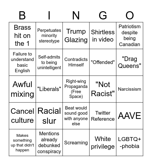 Tom Macdonald Bingo Card