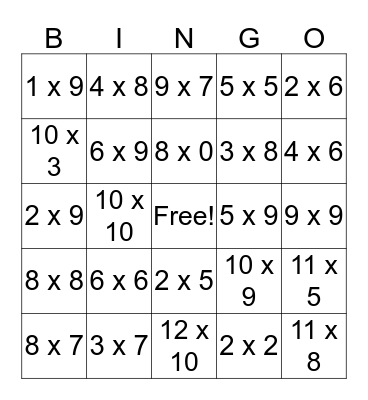 Multiplication  Bingo Card