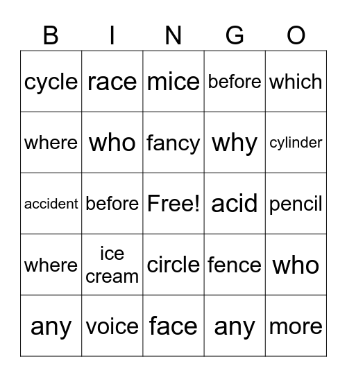 Unit 2 Bingo Card
