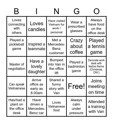 Mad about Van! Bingo Card