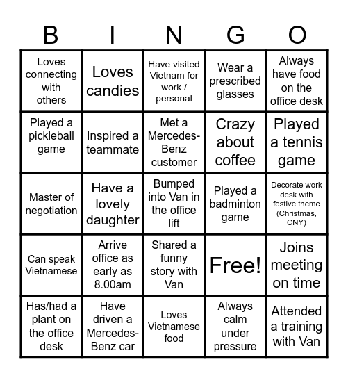 Mad about Van! Bingo Card