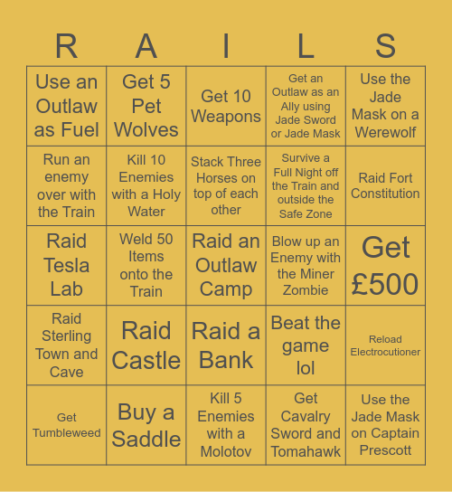 Dead Rails Bingo Card