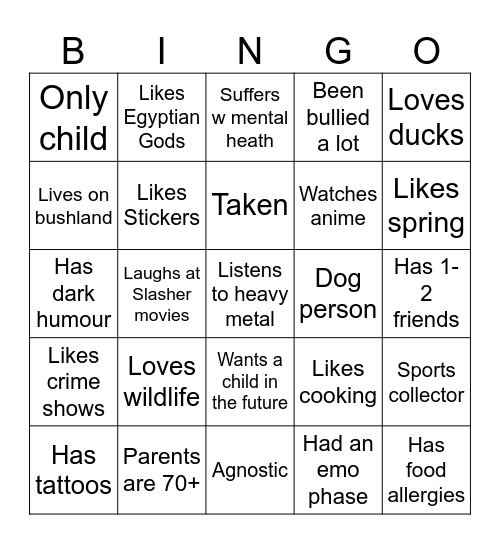 PenPal Bingo Card