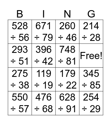 Division Practice w/ 1 Digit Quotient Bingo Card