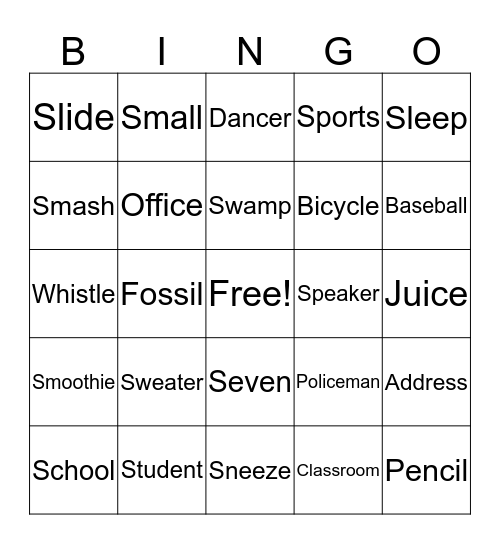 Multi Syllable /s/ Bingo Card