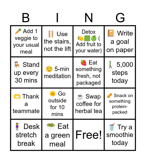 Wellness Wednesday Challenge Bingo Card