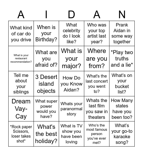 New Person Bingo Card