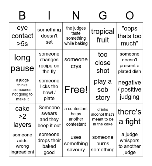 Great British Bake Off Bingo Card