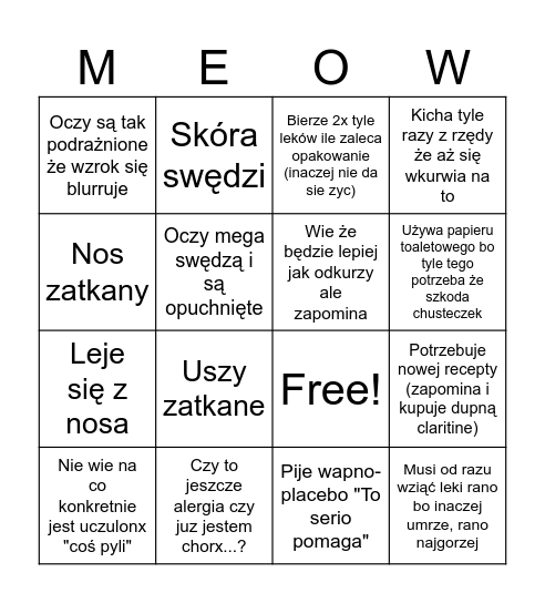 Alergia na pyłki bingo Card