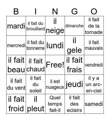 Quel temps fait -il? Bingo Card