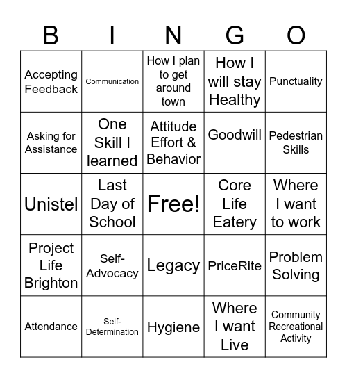 Transition Bingo Card