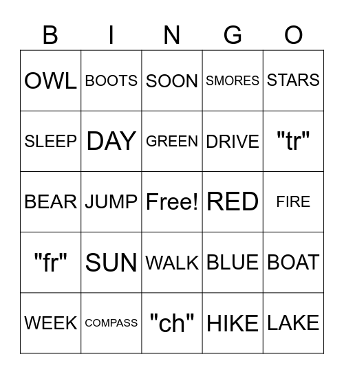 ESL Summer Camp Bingo Card