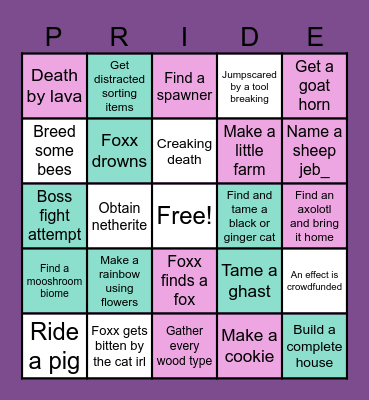 Minecraft CC Pride Bingo Card