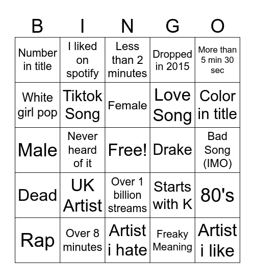 Music Bingo Card